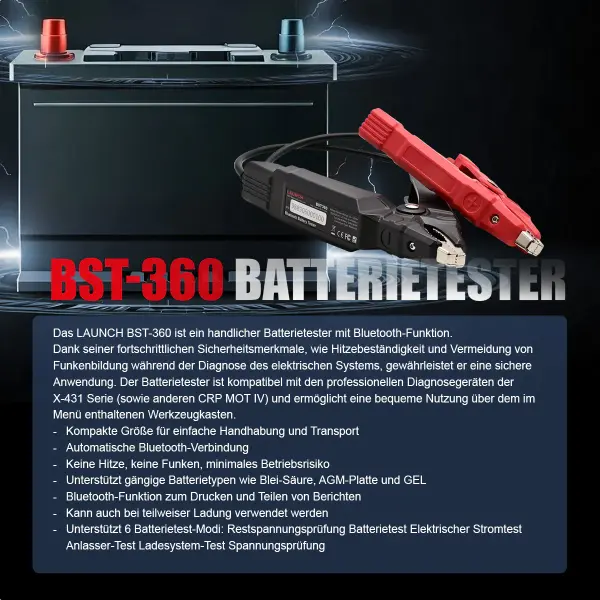 LAUNCH BST360 Bluetooth-Batterietester Für Auto - 6V/12V Batterieanalyse Mit App Für Android & IPhone
